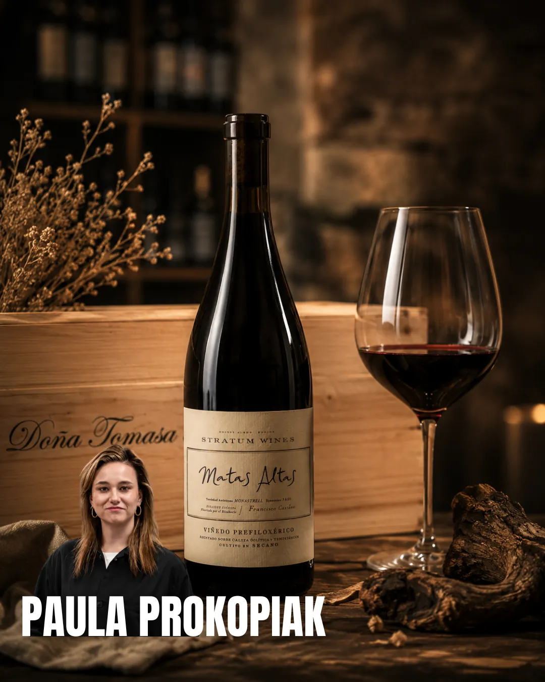 Botella de Stratum Wines Matas Altas Viñedo Prefiloxérico junto a la sumiller Paula Prokopiak